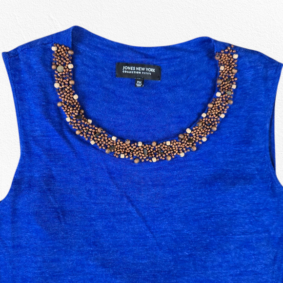 Y2K Jones New York Beaded Neck Blue Linen Blend Sleeveless Top Medium Petite - Picture 2 of 5